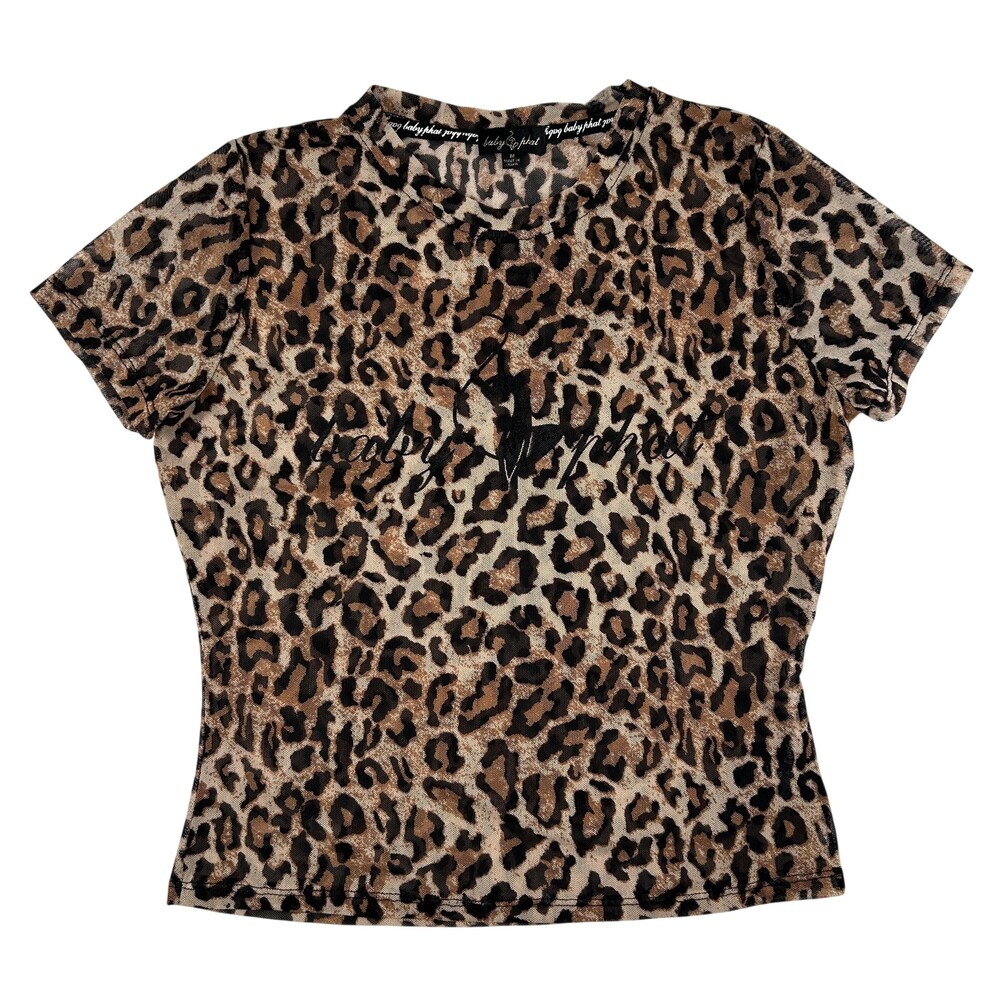 Baby Phat Shirt Womens Medium Leopard Mesh Sheer Logo Crew Neck Top Y2K